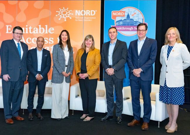 From left to right: NORD VP of Community and Corporate Affairs, Patrick Collins; Rachid Izzar of Biogen; Julie Kim of Takeda; Kate Haviland of Blueprint Medicines; Giacomo Chiesi of Chiesi Global Rare Diseases; Brian Goff of Agios Pharmaceuticals; and NORD CEO Pamela Gavin