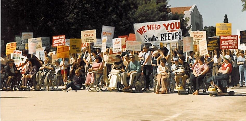 Rows of individuals advocating and outside holding signs